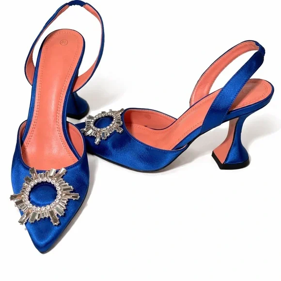 Sapphire Blue Satin Pointed Slingback Heels with Crystal Rosette - Picture 2 of 4